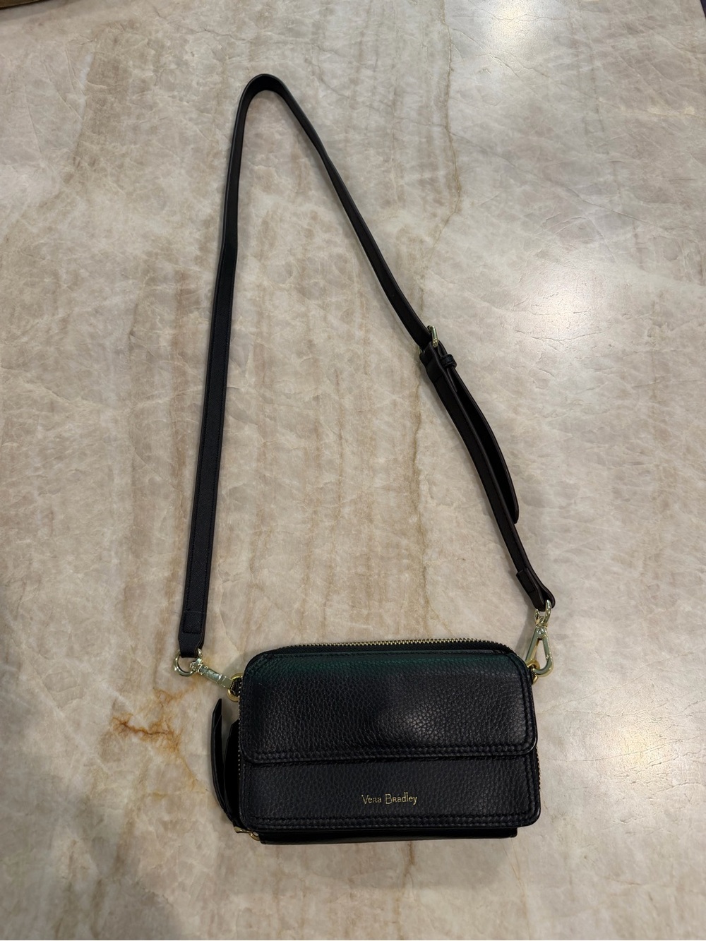 Vera Bradley Black Pebbled Crossbody Wallet with Gold Hardware
